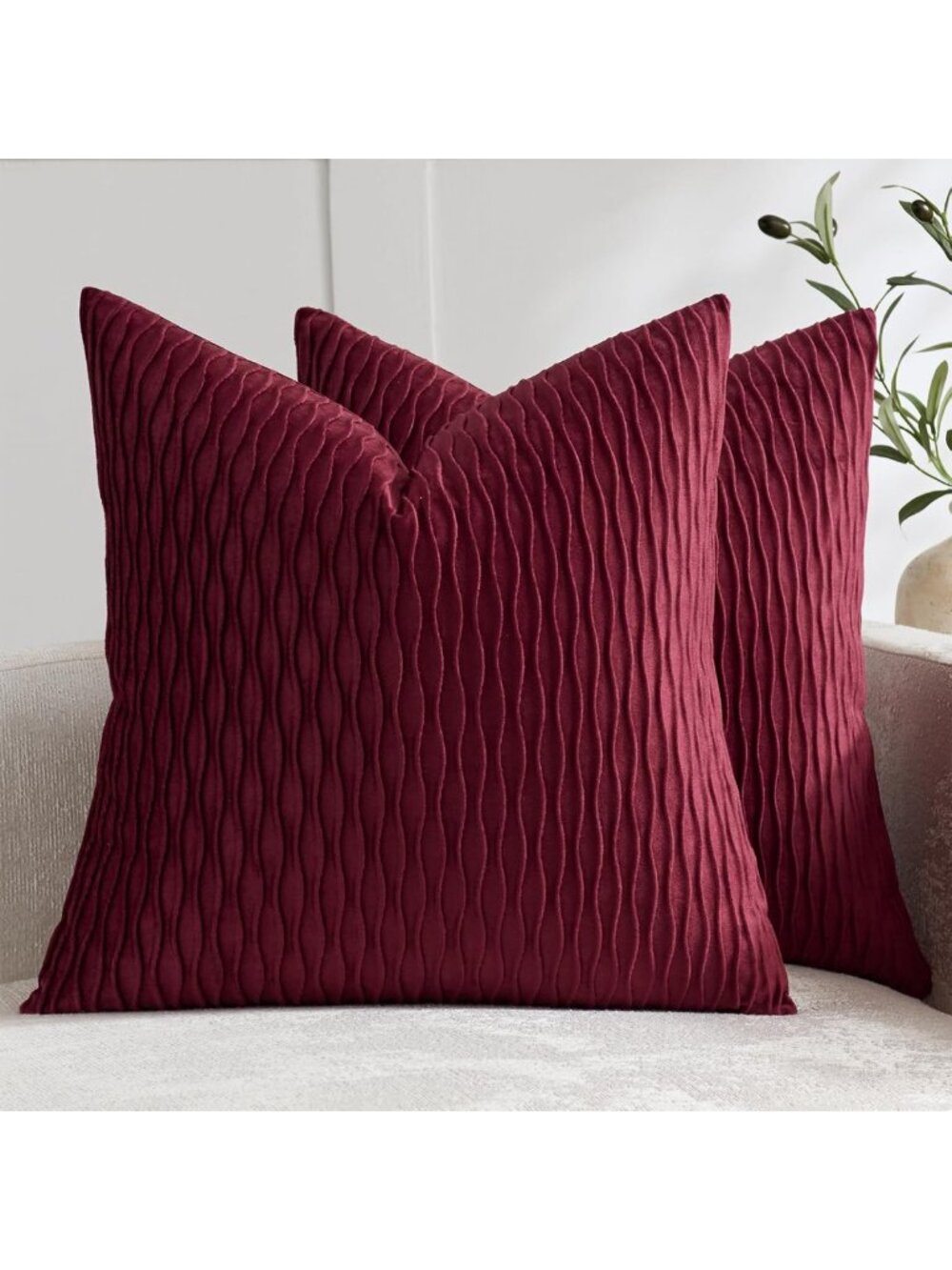 Set of 2 Wine Red Velvet Throw Pillow Covers 22x22 - Vertical Ripple Stripes for